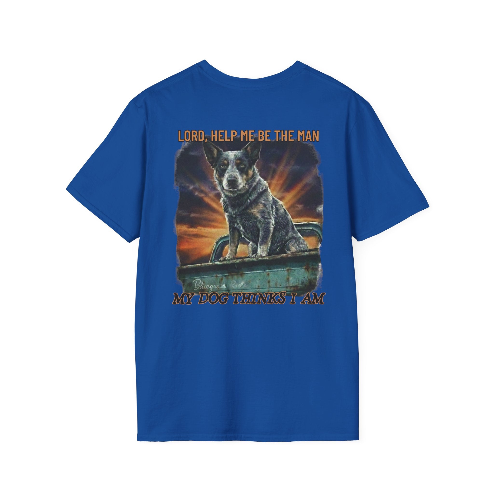 Blue t-shirt with a graphic of a dog and text on the back, on a white background