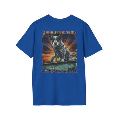 Blue t-shirt with a graphic of a dog and text on the back, on a white background