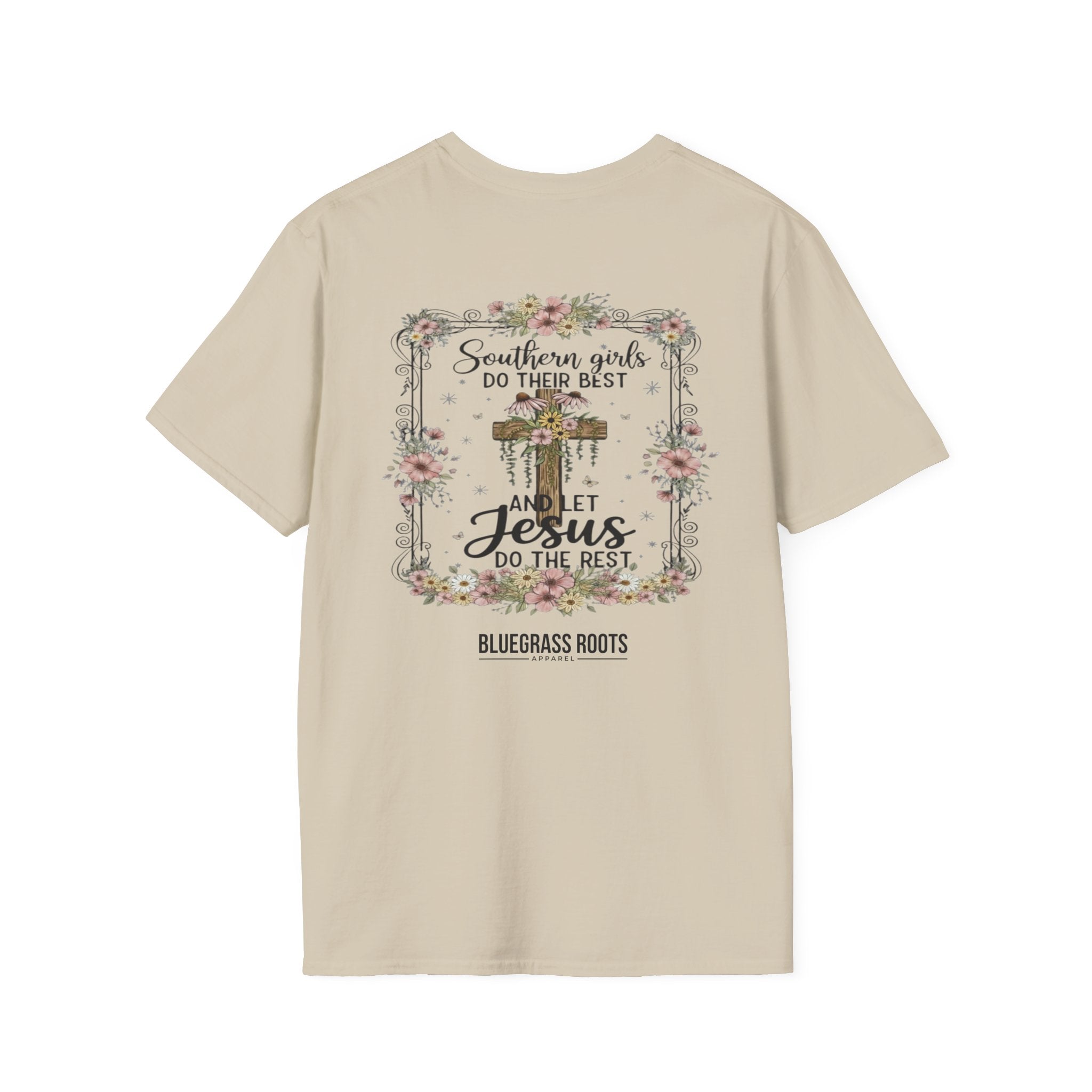 Beige t-shirt with floral design and text on a white background