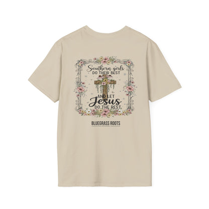Beige t-shirt with floral design and text on a white background