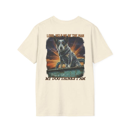 Beige t-shirt with a graphic of a dog and text on a white background