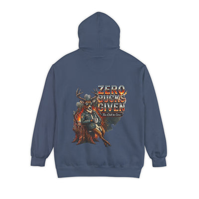 Blue hoodie with 'Zero Bucks Given' graphic on the back against a white background