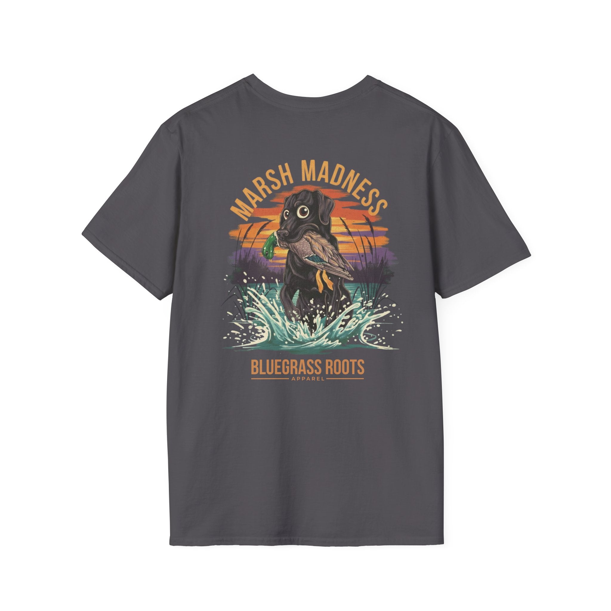 Gray t-shirt with a graphic of a dog in water and text 'Marsh Madness' and 'Bluegrass Roots' on a white background
