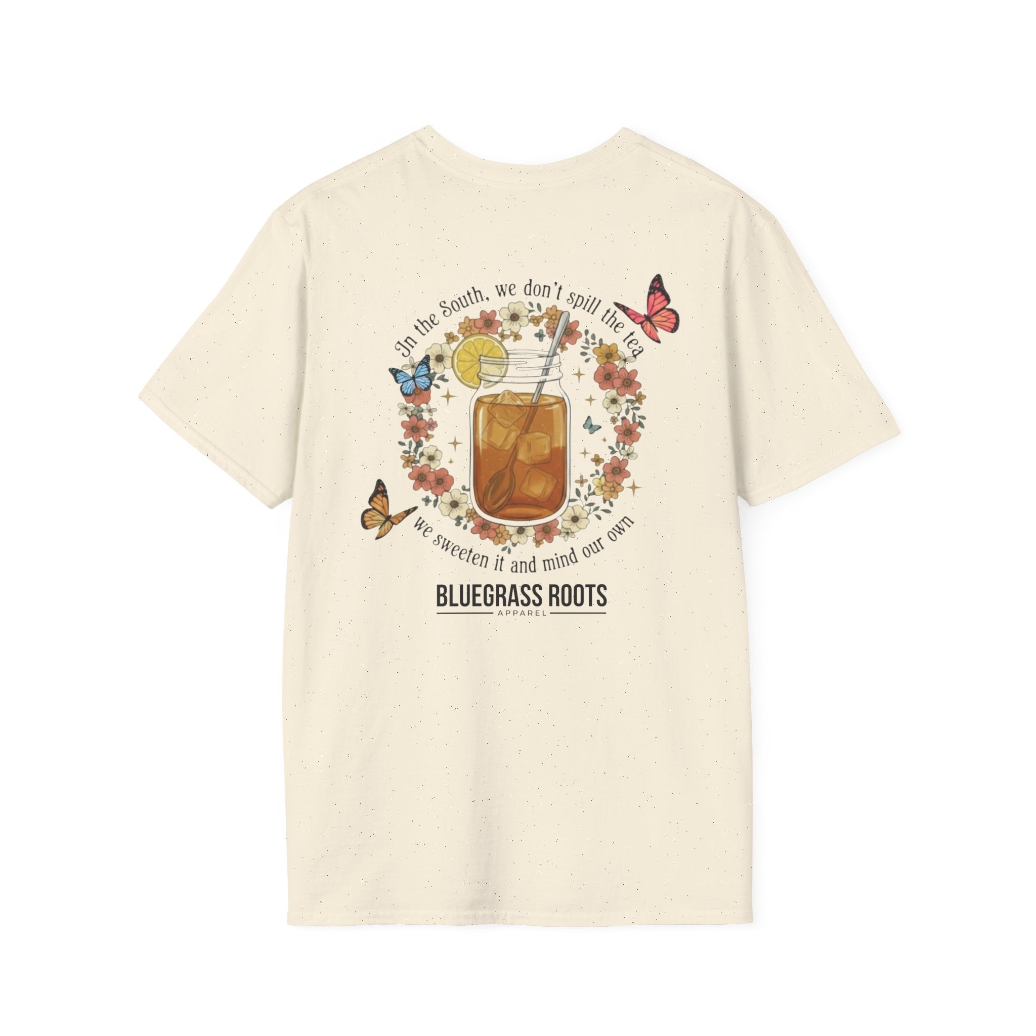 Beige t-shirt with a graphic design on the back featuring a jar, flowers, and text.