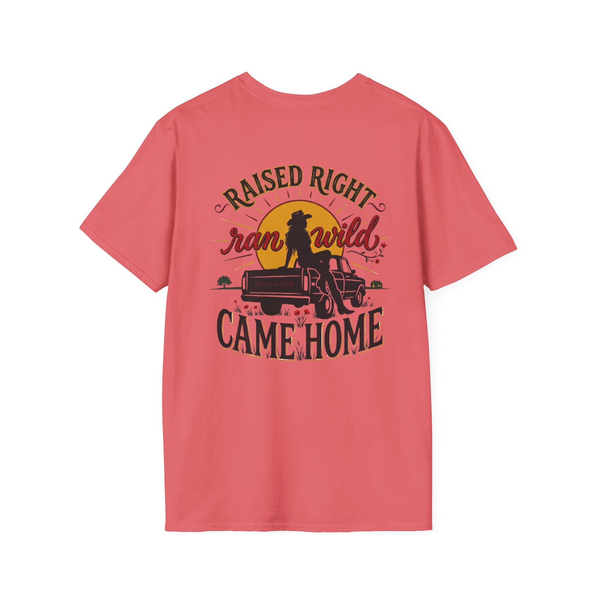 Bluegrass Roots Raised Right Ran Wild Came Home sunset tailgate tee back graphic in Coral Silk