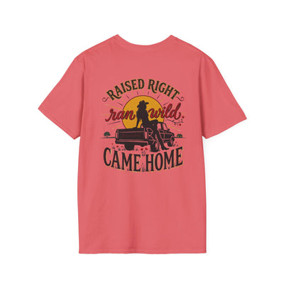 Bluegrass Roots Raised Right Ran Wild Came Home sunset tailgate tee back graphic in Coral Silk