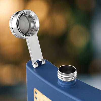 Clocked Out For Good personalized retirement gift flask in Navy — front view