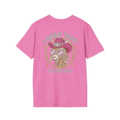 Pink t-shirt with a goat graphic and text on a white background