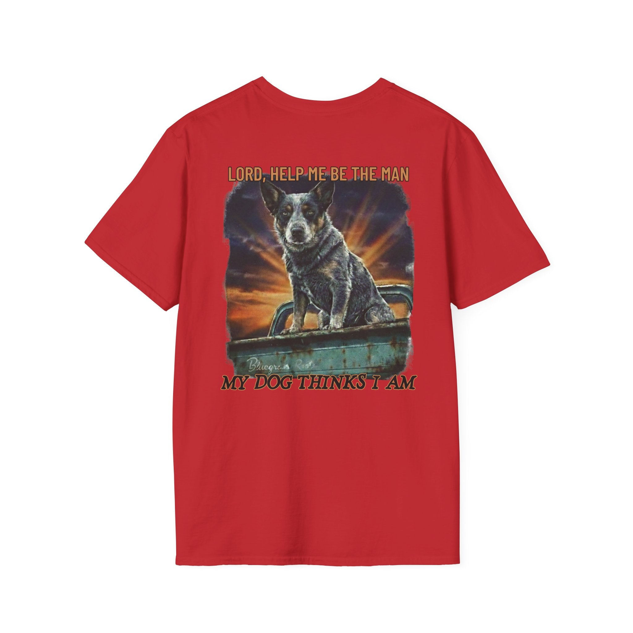 Red t-shirt with a graphic of a dog and text on a white background