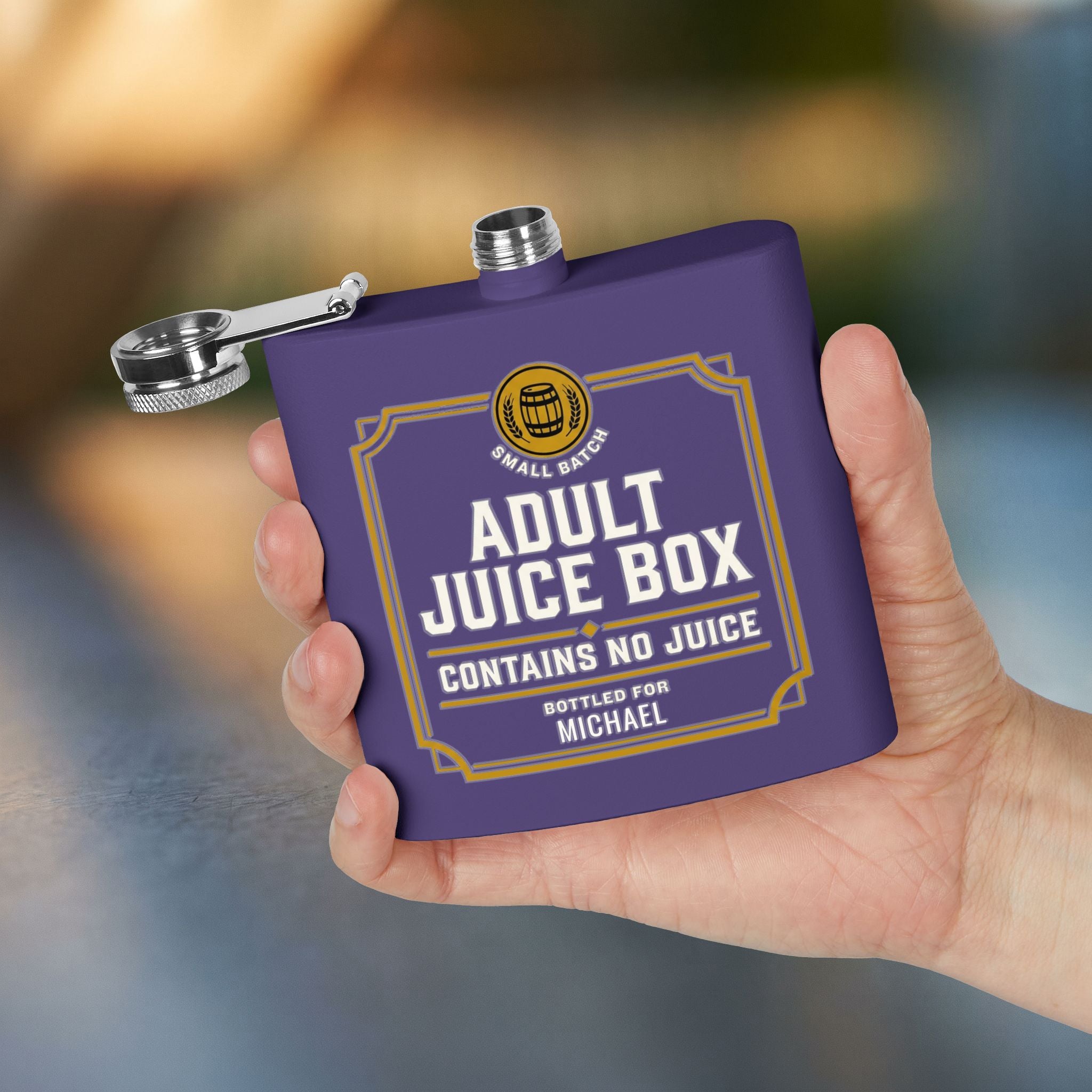Adult Juice Box Flask humorous personalized flask in Purple — held in hand