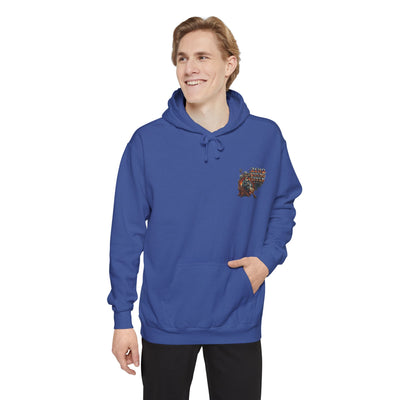 Person wearing a blue hoodie with a pocket design on a white background