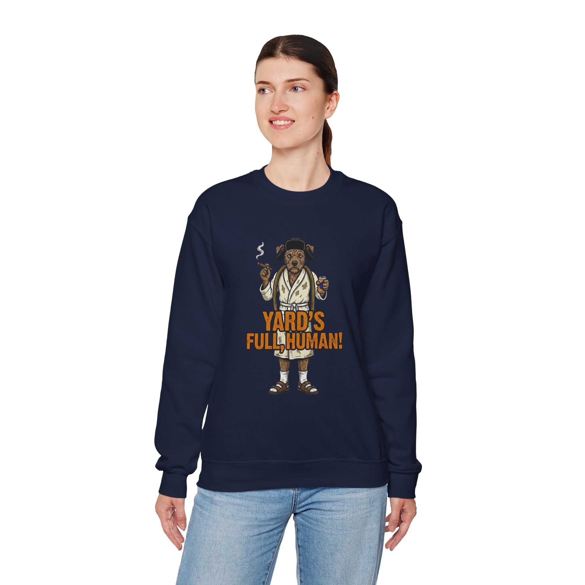 Person wearing a navy blue sweatshirt with a graphic design on a white background