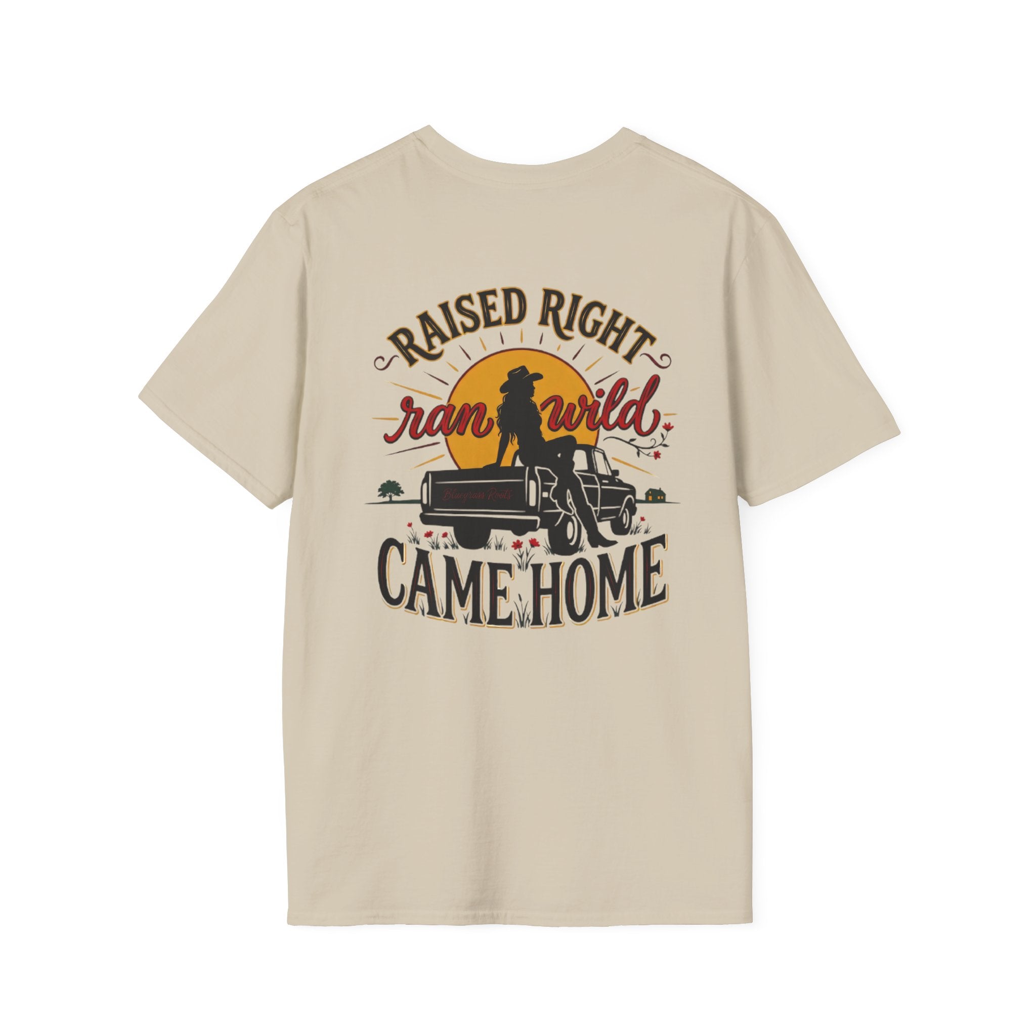 Bluegrass Roots Raised Right Ran Wild Came Home sunset tailgate tee back graphic in Sand