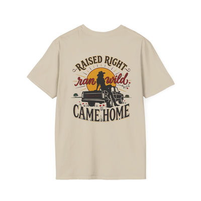 Bluegrass Roots Raised Right Ran Wild Came Home sunset tailgate tee back graphic in Sand