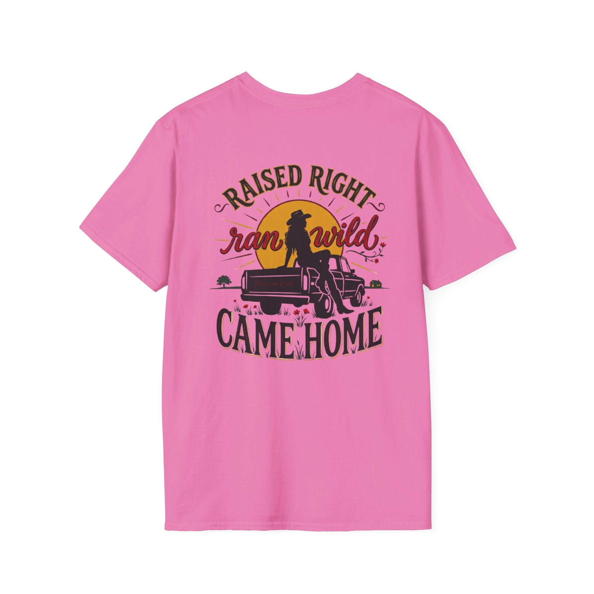 Bluegrass Roots Raised Right Ran Wild Came Home sunset tailgate tee back graphic in Azalea