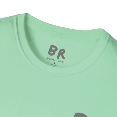 Close-up of a light green t-shirt with 'BR' logo and text on a white background