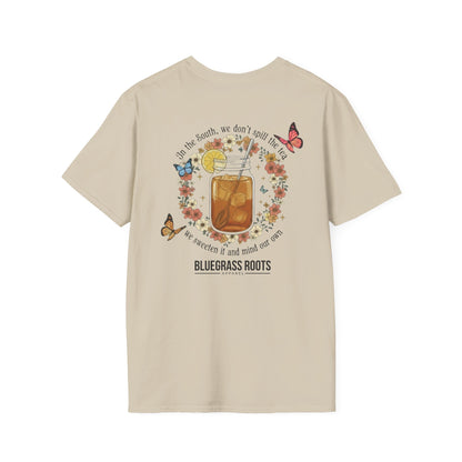 Beige t-shirt with a graphic design on the back featuring a jar of iced tea, flowers, and butterflies, with 'Bluegrass Roots' branding.