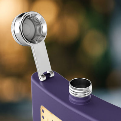 Clocked Out For Good personalized retirement gift flask in Purple — cap detail