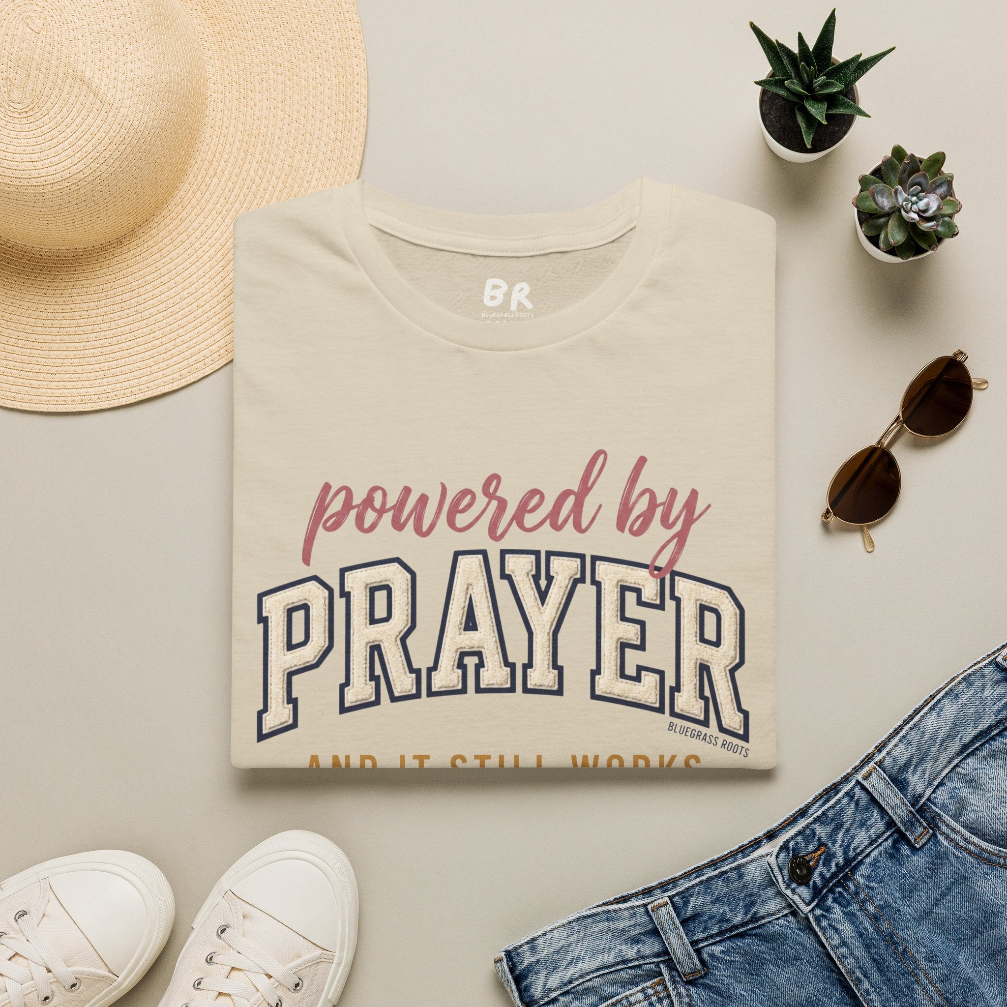 Powered by Prayer varsity shirt in S