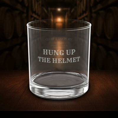 Personalized Firefighter Gift — front view of the engraved design, shot in a bourbon barrel warehouse — 10.5 oz engraved whiskey glass by Bluegrass Gifts