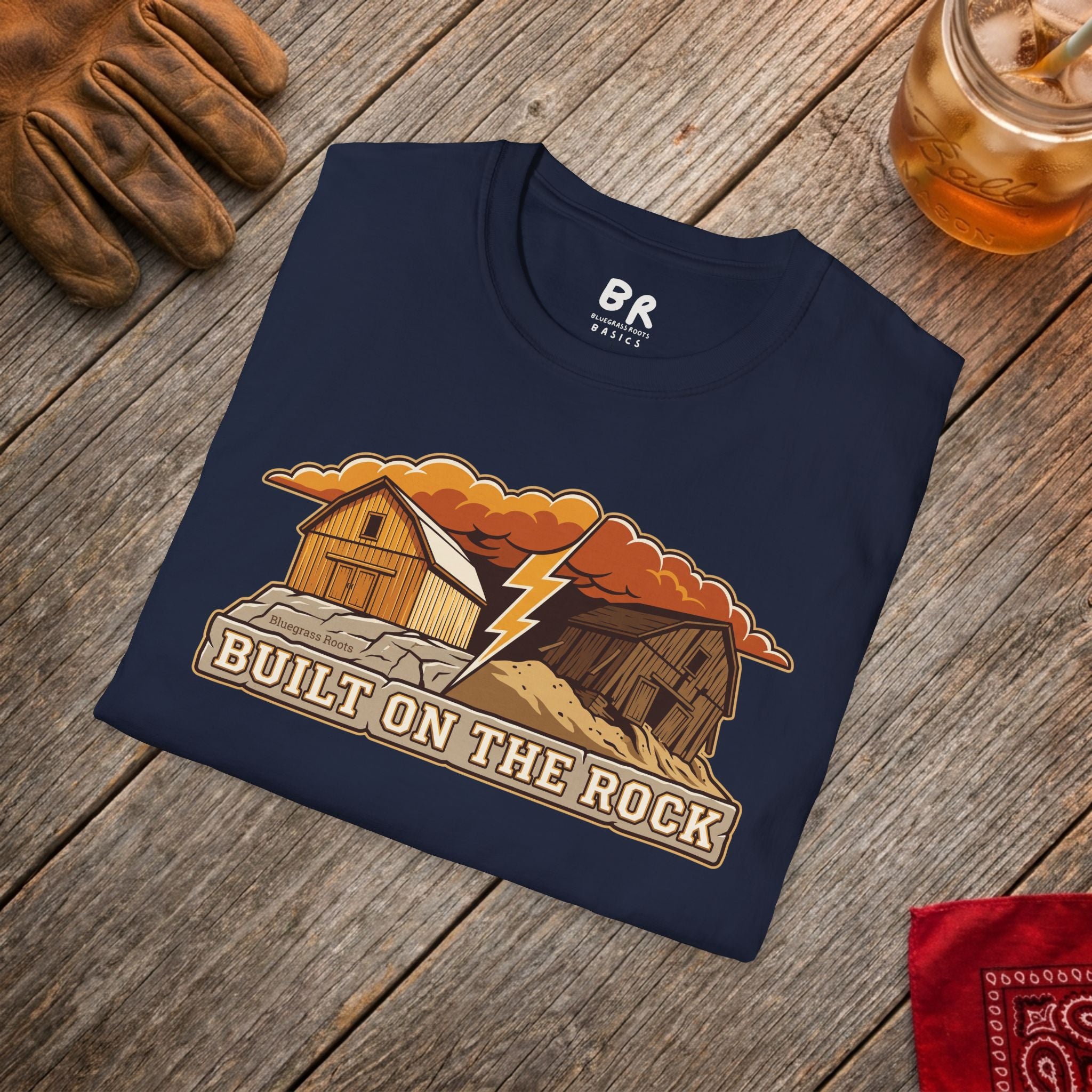 Built on the Rock christian shirt for men, Built on the Rock split barn parable design