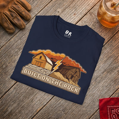 Built on the Rock christian shirt for men, Built on the Rock split barn parable design
