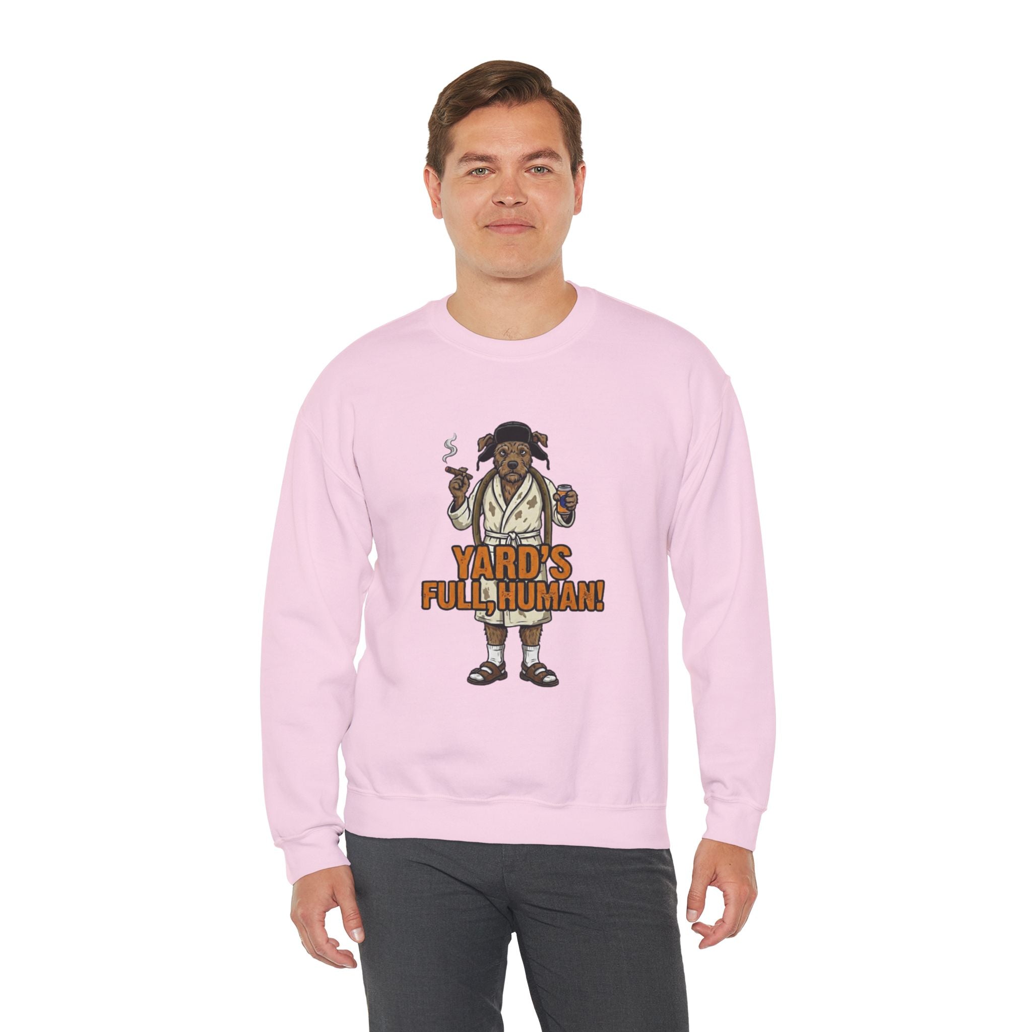 Person wearing a pink sweatshirt with a graphic design on a white background
