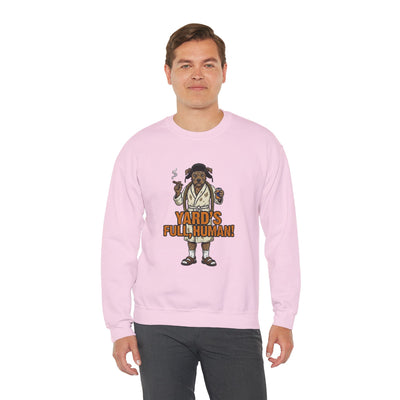 Person wearing a pink sweatshirt with a graphic design on a white background