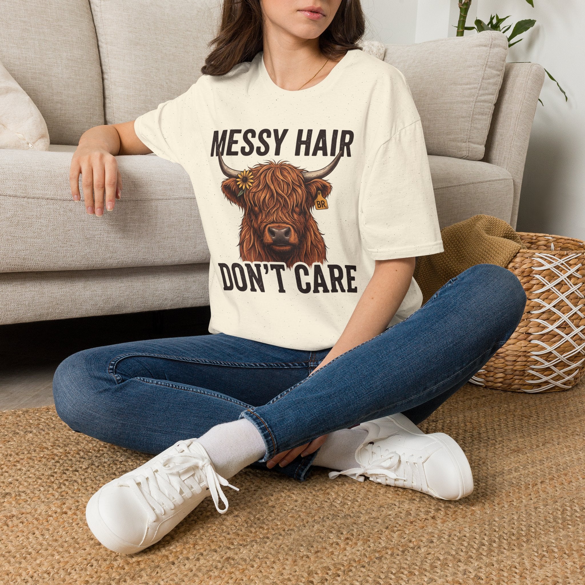 Messy Hair Don't Care highland cow shirt