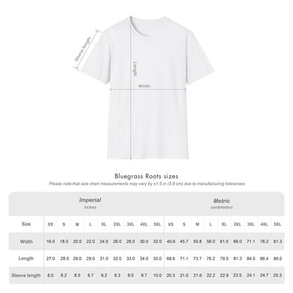 White t-shirt with measurement chart on a white background