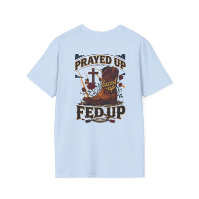 Bluegrass Roots Prayed Up Laced Up Fed Up cowgirl boot tee back graphic in Light Blue