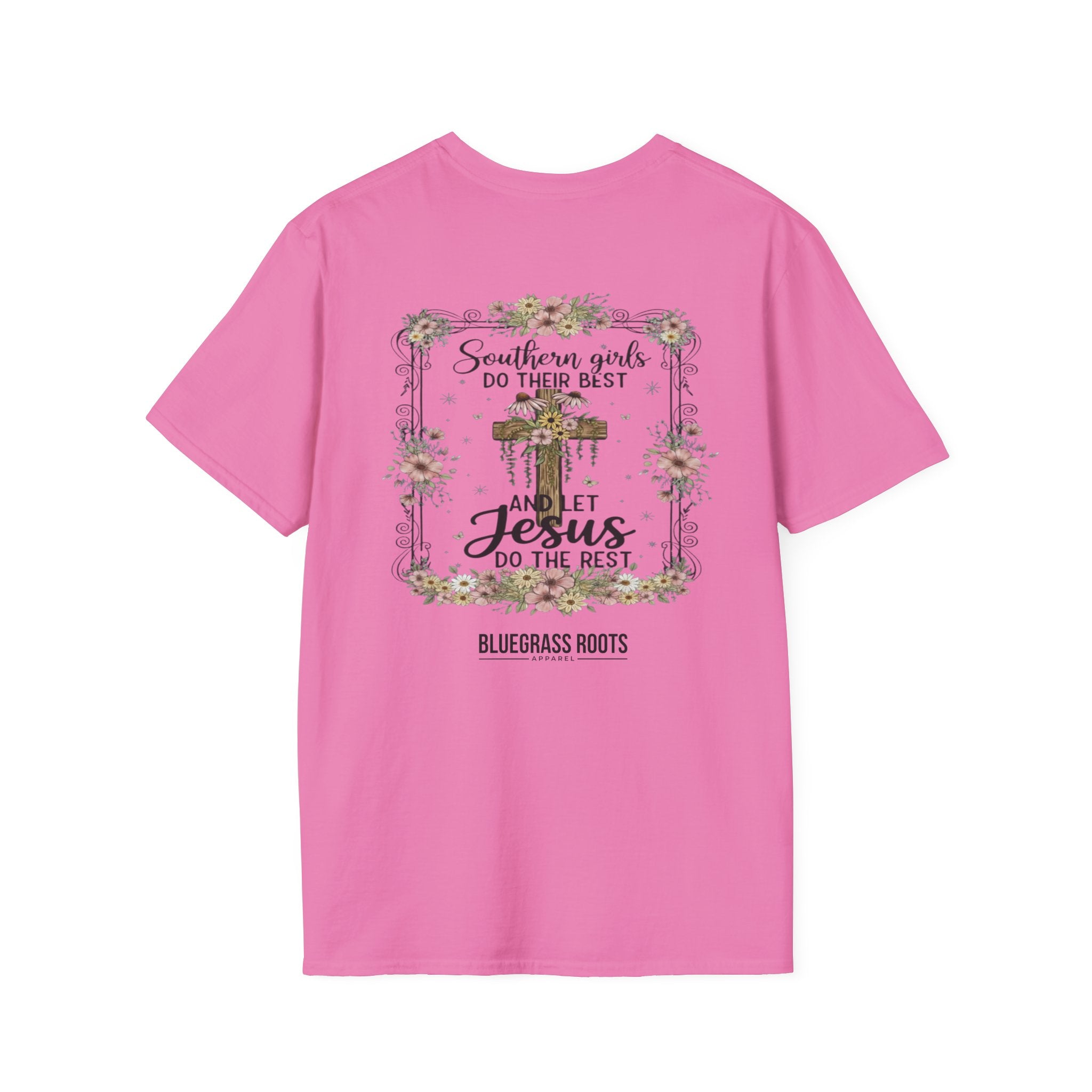 Pink t-shirt with a printed design on the back featuring text and graphics.
