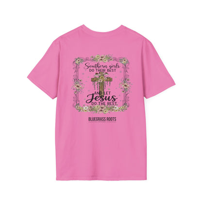 Pink t-shirt with a printed design on the back featuring text and graphics.