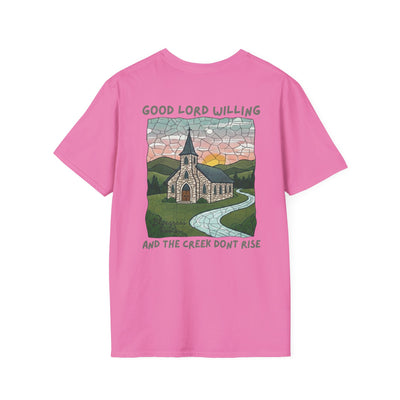Pink t-shirt with a graphic design of a church and landscape on the back, on a white background.