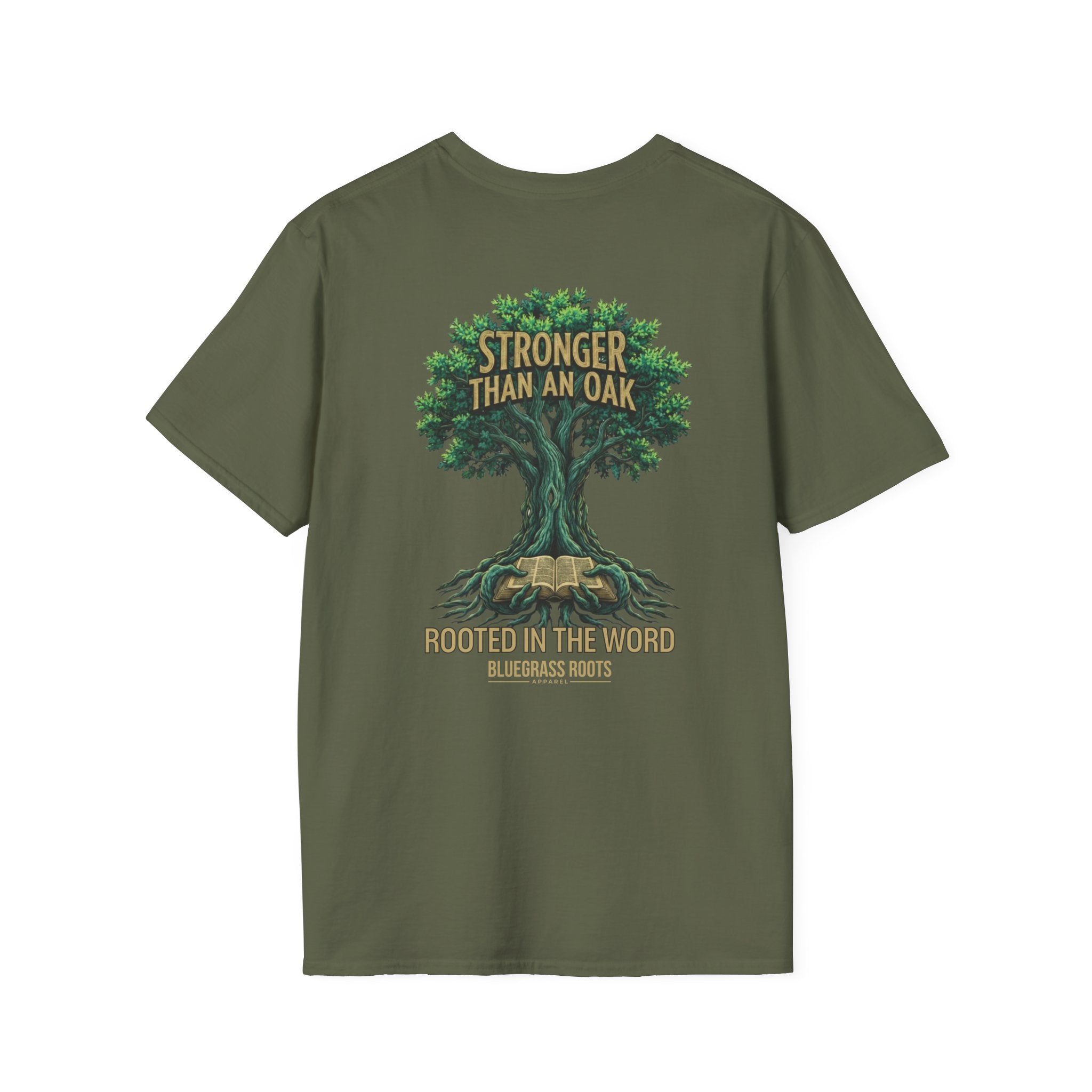 Green t-shirt with tree graphic and text on a white background