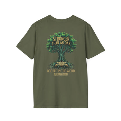 Green t-shirt with tree graphic and text on a white background