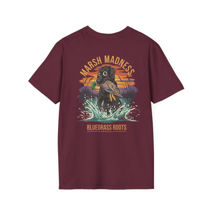 Maroon t-shirt with a graphic of a dog in water and text 'Marsh Madness' and 'Bluegrass Roots Apparel' on a white background.
