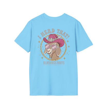 Light blue t-shirt with a graphic of a goat wearing a cowboy hat and sunglasses, and text 'I Heard That! Bluegrass Roots' on a white background.