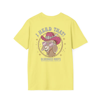 Yellow t-shirt with a goat graphic and text on a white background