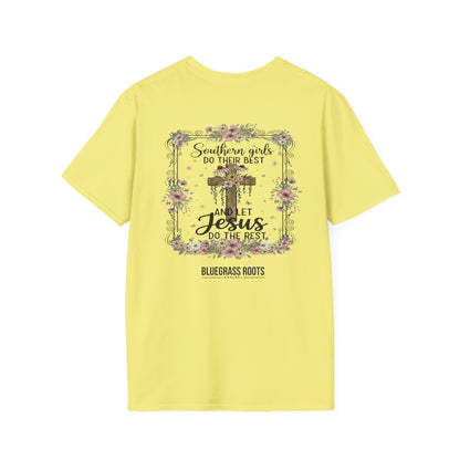 Yellow t-shirt with a graphic design and text on the back, on a white background