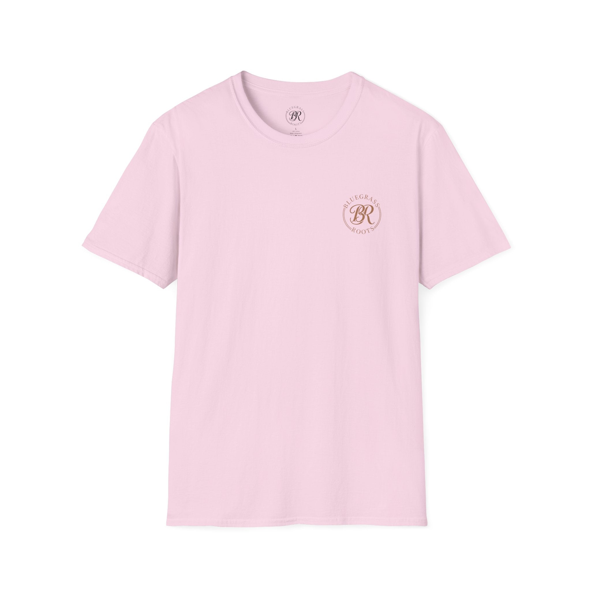 Pink t-shirt with a logo on a white background