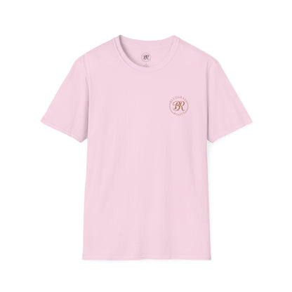 Pink t-shirt with a logo on a white background
