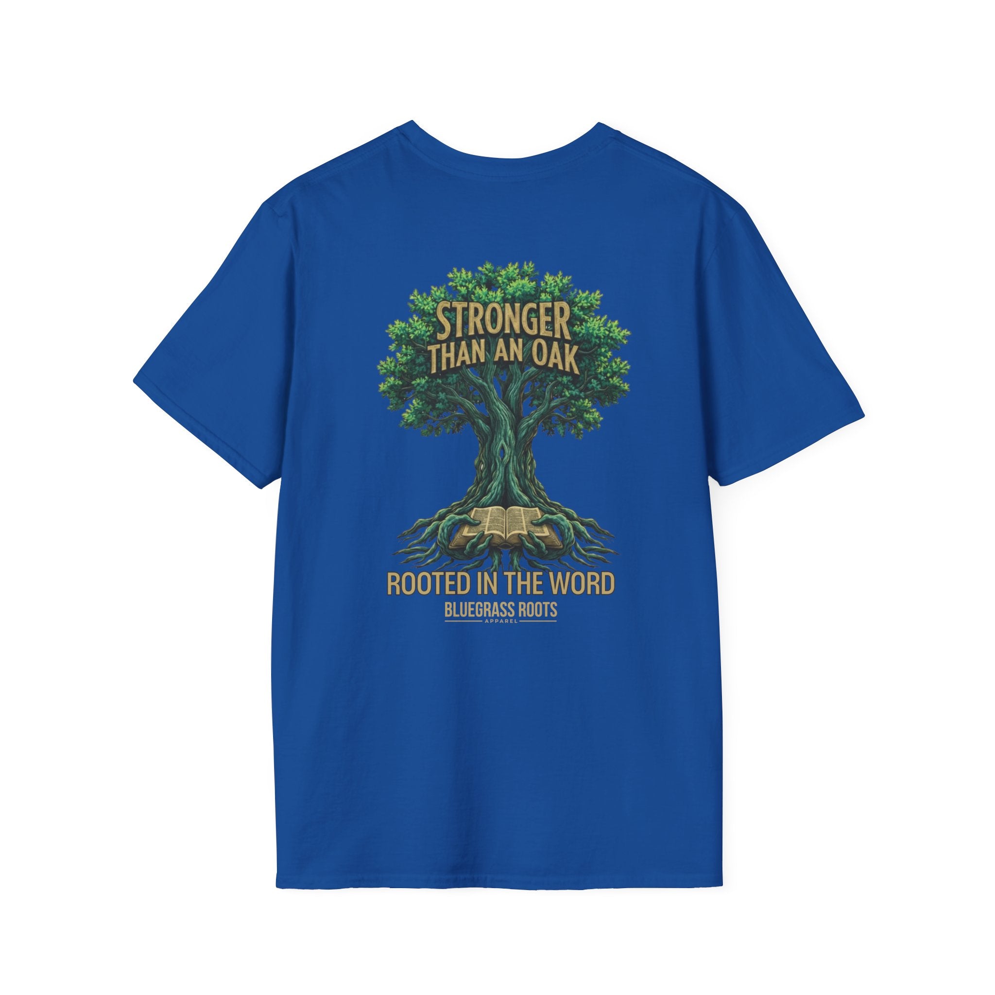Blue t-shirt with a tree graphic and text on the back, on a white background