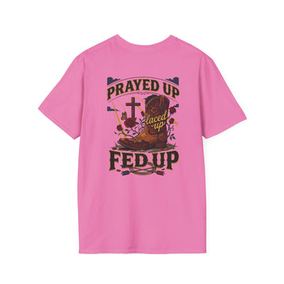 Bluegrass Roots Prayed Up Laced Up Fed Up cowgirl boot tee back graphic in Azalea
