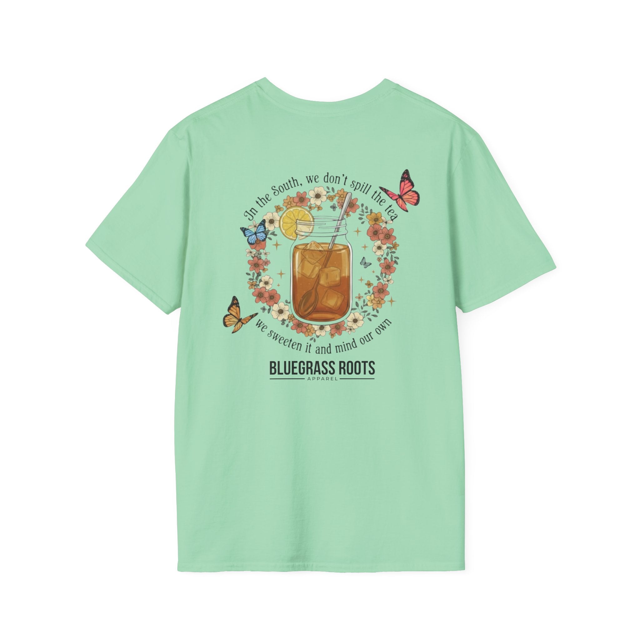 Light green t-shirt with a graphic design on the back featuring a glass of iced tea, flowers, and butterflies, with 'Bluegrass Roots' branding.