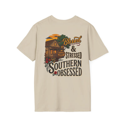 Bluegrass Roots Blessed Stressed Southern Obsessed farmhouse tee back graphic in Sand