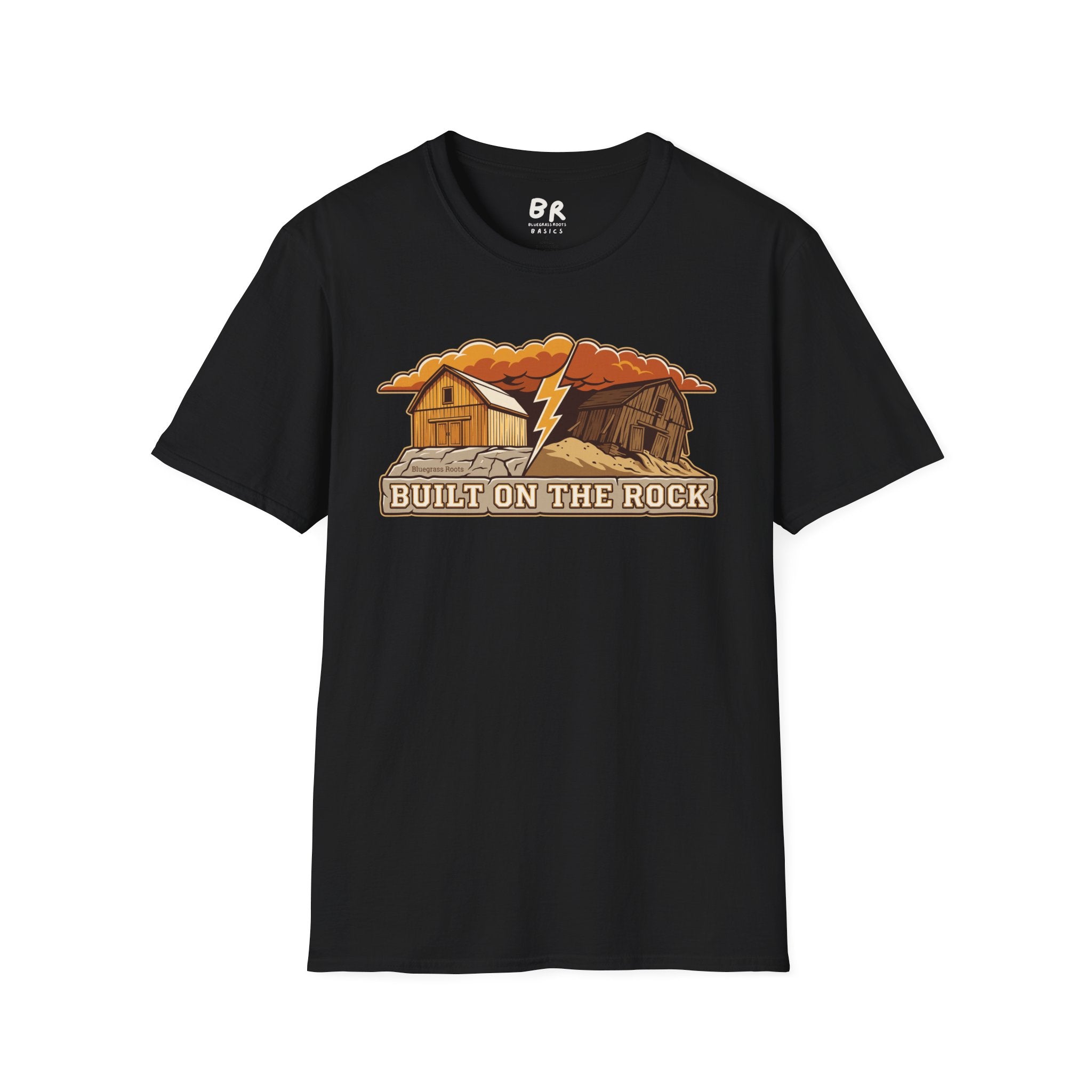 Built on the Rock christian shirt for men, Built on the Rock split barn parable design
