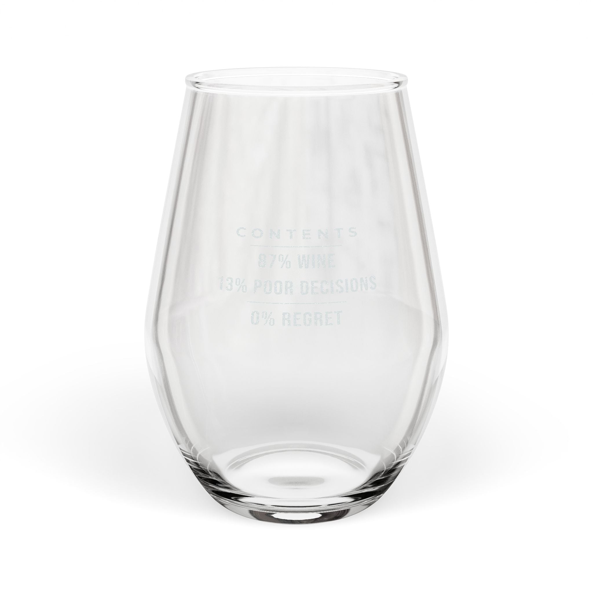 Wine Glass With Sayings — 87% Wine, 13% Poor Decisions, 0% Regret – engraved stemless wine glass – Bluegrass Gifts