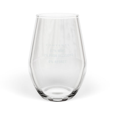 Wine Glass With Sayings — 87% Wine, 13% Poor Decisions, 0% Regret – engraved stemless wine glass – Bluegrass Gifts