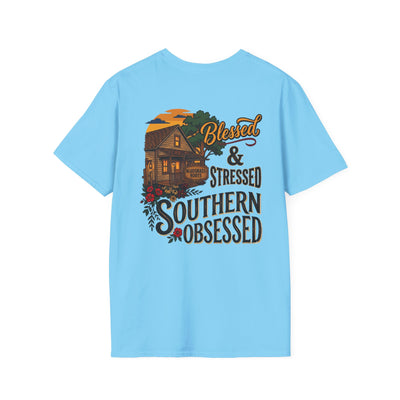 Bluegrass Roots Blessed Stressed Southern Obsessed farmhouse tee back graphic in Sky